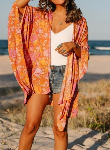 Women's Cover-ups Floral V Neck Long Sleeve Open Front Daily Vacation Beach Summer Cover-ups