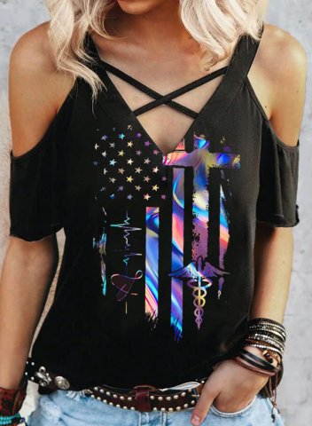 Women's T-shirts Flag Criss Cross Cold Shoulder V Neck Short Sleeve Casual Daily T-shirts