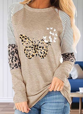 Women's T-shirts Color-block Striped Leopard Butterfly Print Long Sleeve Round Neck Daily T-shirt