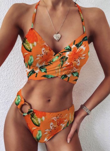 Women's Bikinis Floral Tropical Mid Waist Sleeveless Spaghetti Padded Adjustable Wire-free Beach Bikini Suit