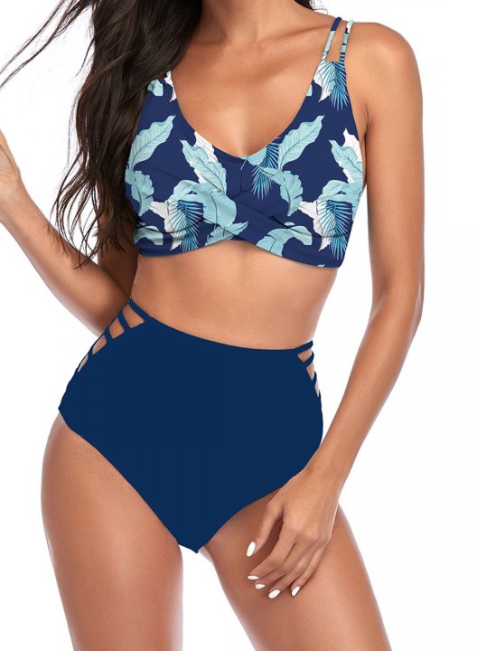 Women's Bikinis Floral High Waist Sleeveless Cut-out Spaghetti Padded Unadjustable Wire-free Beach Casual Bikini Suit