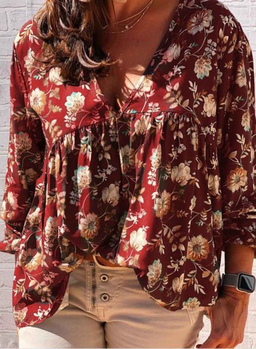 Women's Blouses Floral Long Sleeve V Neck Daily Vacation Beach Boho Blouse