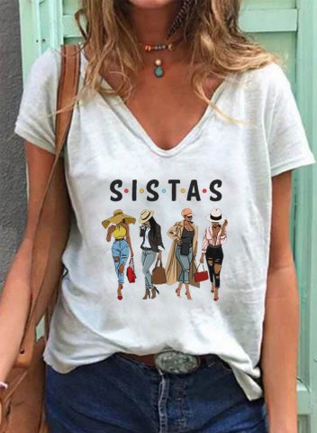 Women's T-shirts Sistas Letter Print Short Sleeve V Neck Daily T-shirt