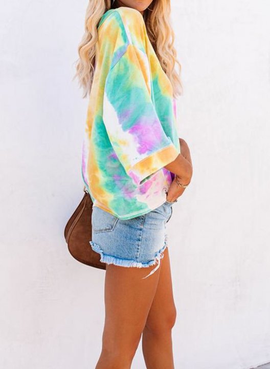 Women's Tie Dye Off Shoulder Color Block 3/4 Sleeve Round Neck Sweatshirt