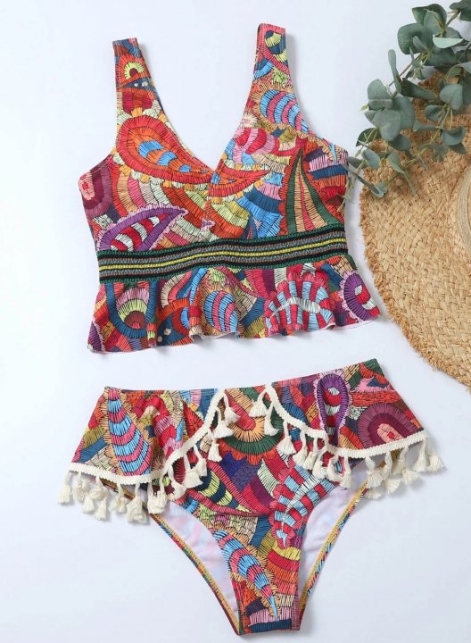 Women's Bikinis Tribal Multicolor High Waist Sleeveless V Neck Padded Adjustable Tassels Wire-free Beach Casual Bikini Suit