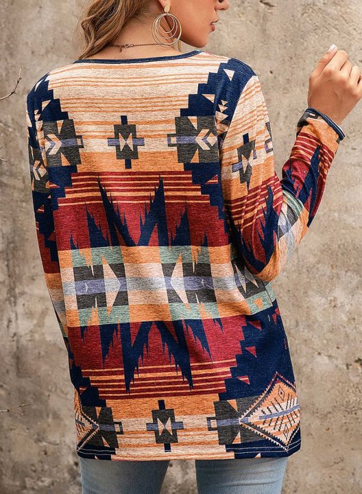 Women's Ethnic Style Geometric Aztec Sweatshirts Round Neck Long Sleeve Geometric Color Block Sweatshirts
