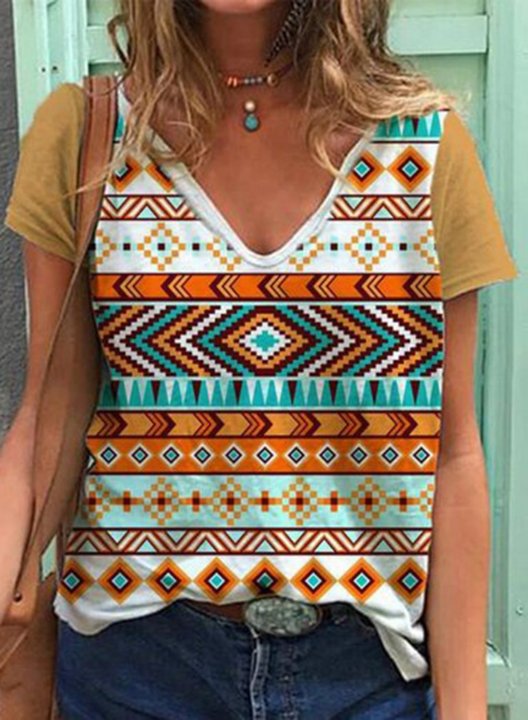 Women's T-shirts Tribal Color Block V Neck Short Sleeve Summer Casual Daily T-shirts