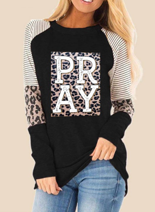 Women's T-shirts Color Block Leopard Print Long Sleeve Round Neck Daily T-shirt