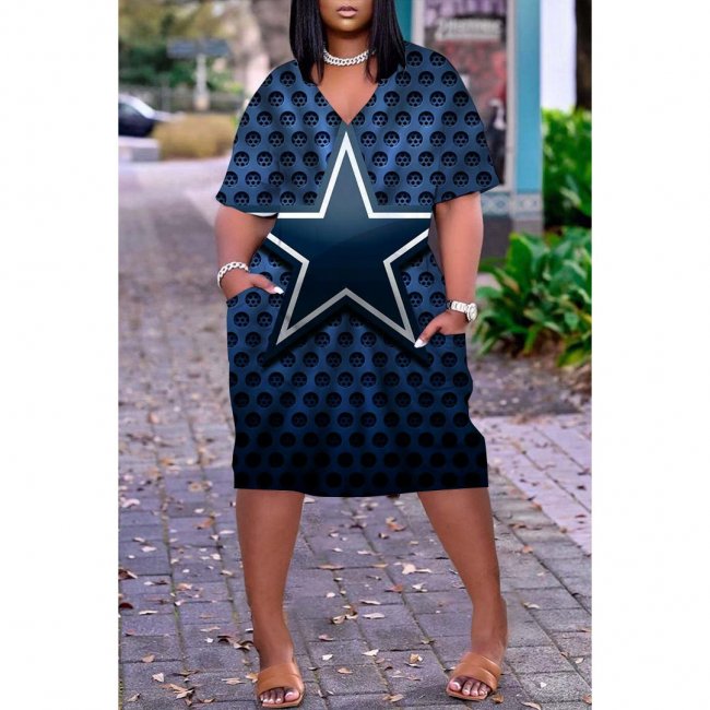 Dallas Cowboys Print Fashion Casual V Neck Short Sleeve Dress