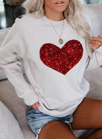 Women's Red Sequin Heart Print Sweatshirts Solid Print Long Sleeve Round Neck Daily Sweatshirt