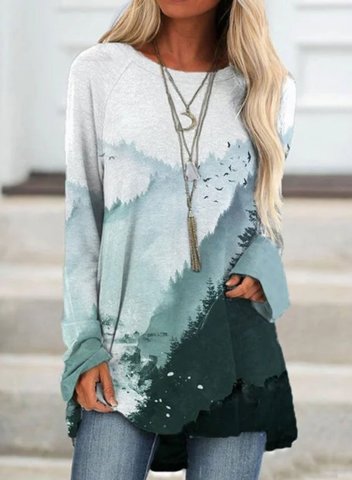Women's Mountain Landscape Tunics Color Block Landscape Round Neck Long Sleeve Casual Sweatshirt