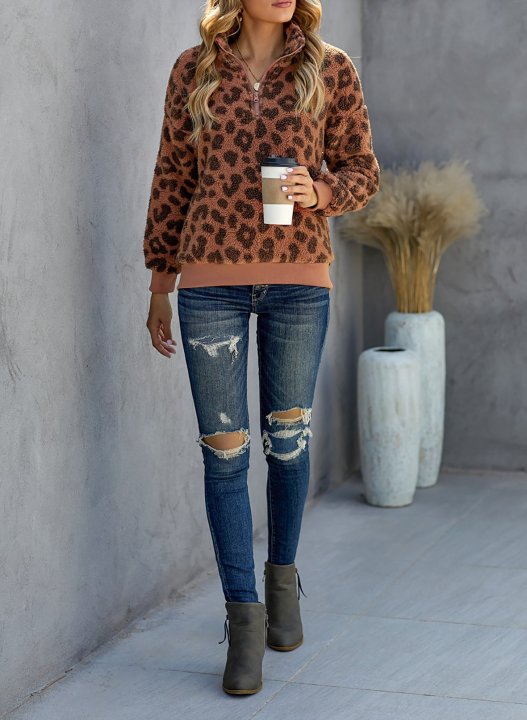 Leopard Long Sleeve High Neck Zip Sweatshirt