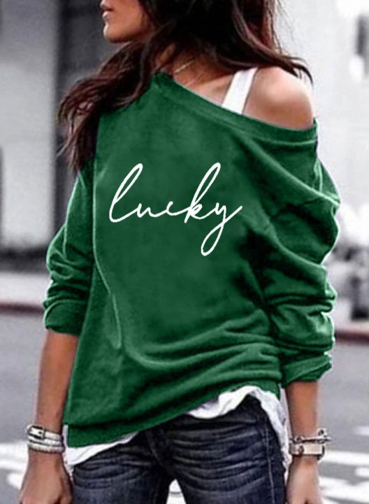 Women's St Patrick's Day Lucky Print Sweatshirts Long Sleeve Off Shoulder Casual Sweatshirt