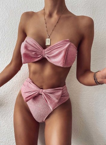Women's Bikini Suit Solid High Waist Knot Sequin Off Shoulder Vacation Beach Suit