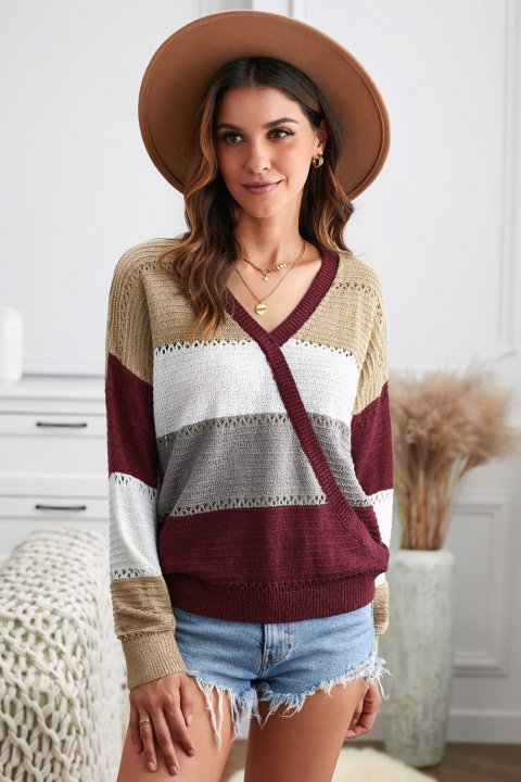 Women's Sweaters Color Block Deep V Neck Wrap Sweaters