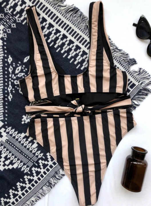 Women's One Piece Swimwear Color Block Striped V Neck One-Piece Swimsuit