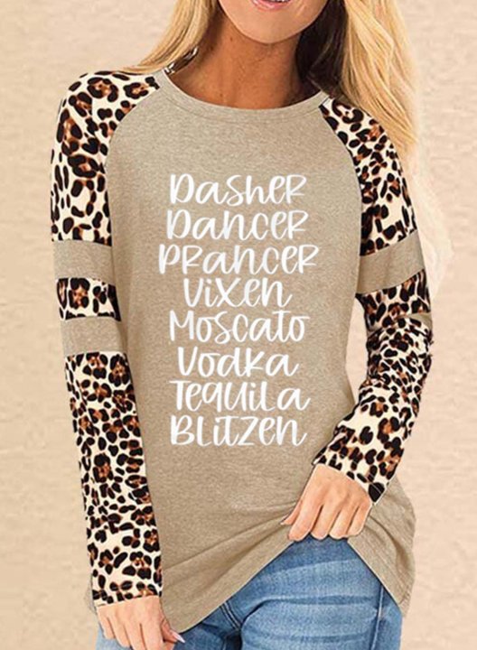 Women's T-shirts Leopard Letter Color Block Print Long Sleeve Round Neck T-shirt