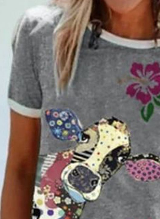 Women's T-shirts Animal Floral Print Short Sleeve Round Neck Daily T-shirt