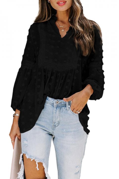 Ruffled Split Neck Lace Hollow Out Puff Sleeve Polka Dot Blouse