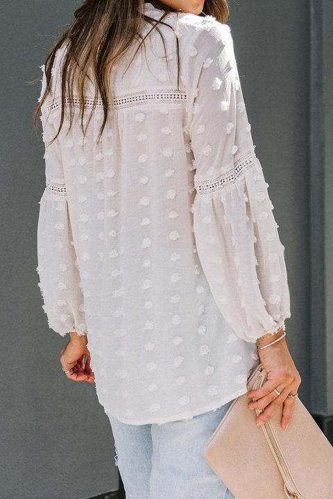 Ruffled Split Neck Lace Hollow Out Puff Sleeve Polka Dot Blouse