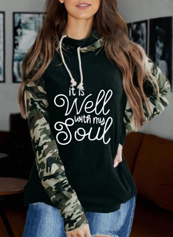 Women's It Is Well With My Soul Hoodies Camouflage Color Block Letter Drawstring Long Sleeve Casual Hoodie