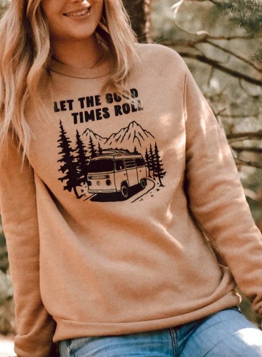 Women's Let the Good Times Roll Print Sweatshirts Color Block Letter Mountain Print Long Sleeve Round Neck Casual Sweatshirt