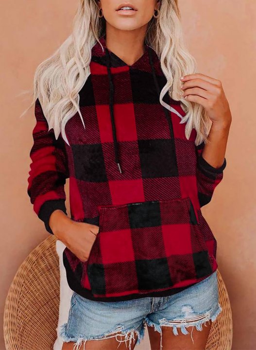 Red Plaid/Leopard Camouflage Long Sleeve Hoodie