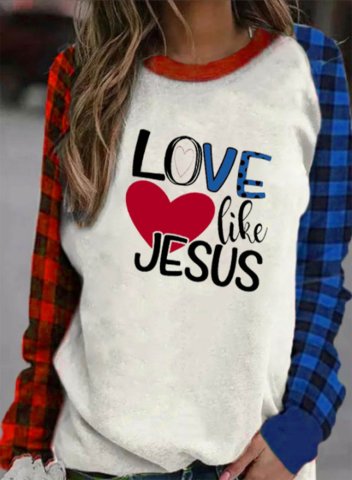 Women's Sweatshirts Color Block Plaid Letter Heart-shaped Round Neck Long Sleeve Casual Daily Sweatshirts