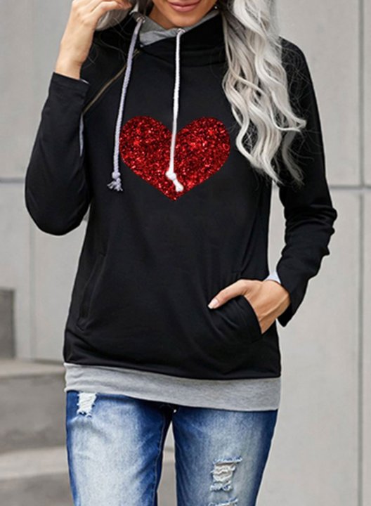 Women's Hoodies Heart-shaped Print Sequin Holiday Long Sleeve Casual Hoodie