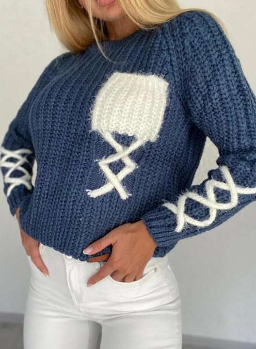 Women's Sweaters Color-block Long Sleeve Round Neck Cross Pocket Sweater