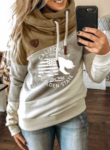 Women's California Golden State & Bear Print Hoodies Letter Color Block Long Sleeve Daily Drawstring Hoodie