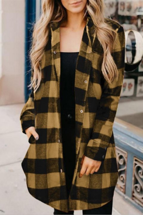 Buttons Up Plaid Print Long Coat