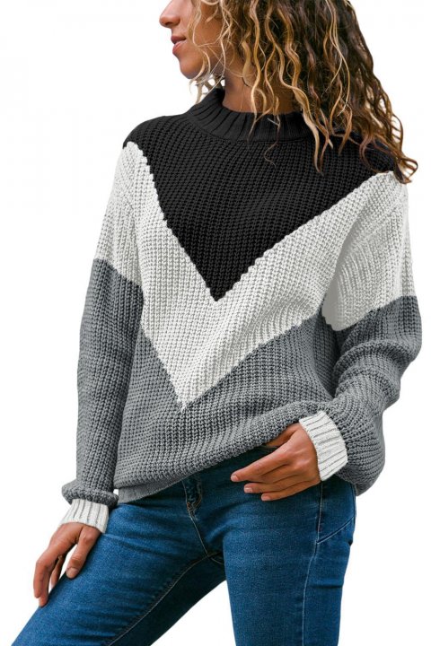 Women's Sweaters Chevron Accent Black Gray Color Block Pullover Sweater