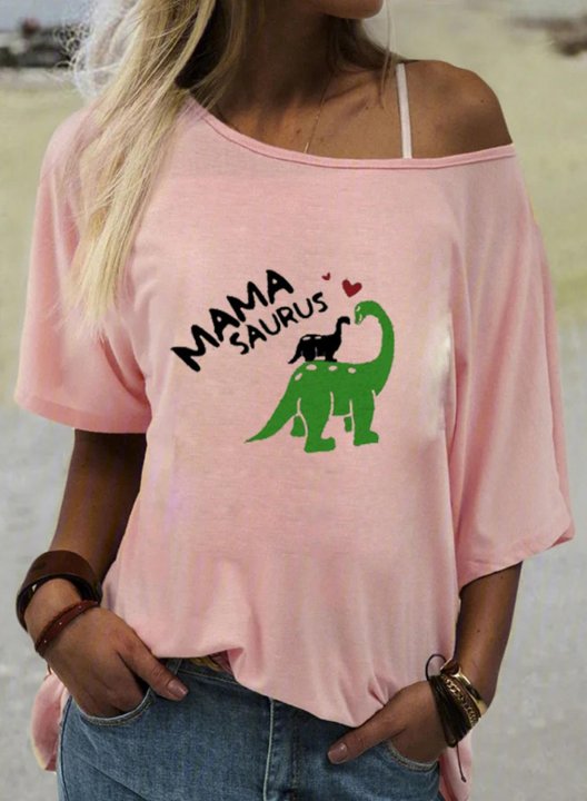 Women's T-shirts Mama Saurus Print Solid Asymmetrical Neck Short Sleeve Daily Cute Mom T-shirts