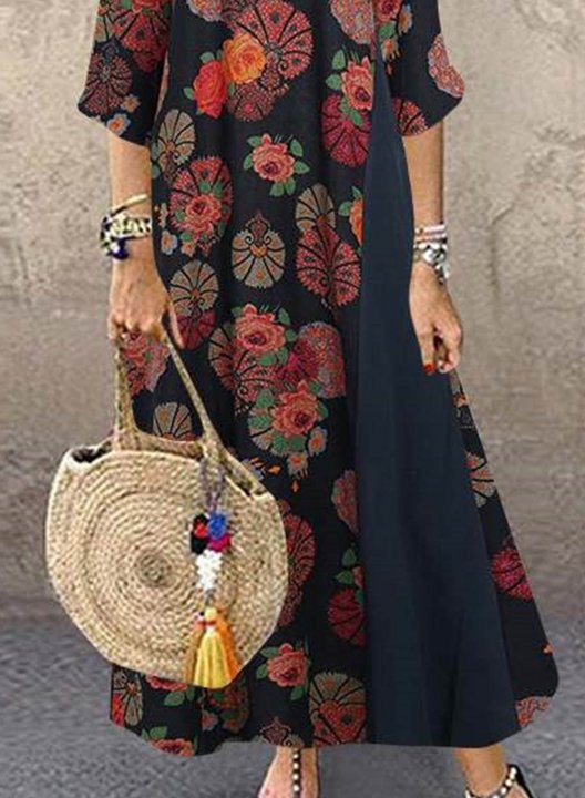 Women's Linen Maxi Dresses Floral Multicolor 3/4 Sleeve Round Neck Boho Vintage Maxi Dress