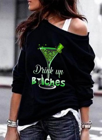 Women's St Patrick's Day Sweatshirt Drink up Bitches Funny Print Cold Shoulder Long Sleeve Casual Daily Pullovers