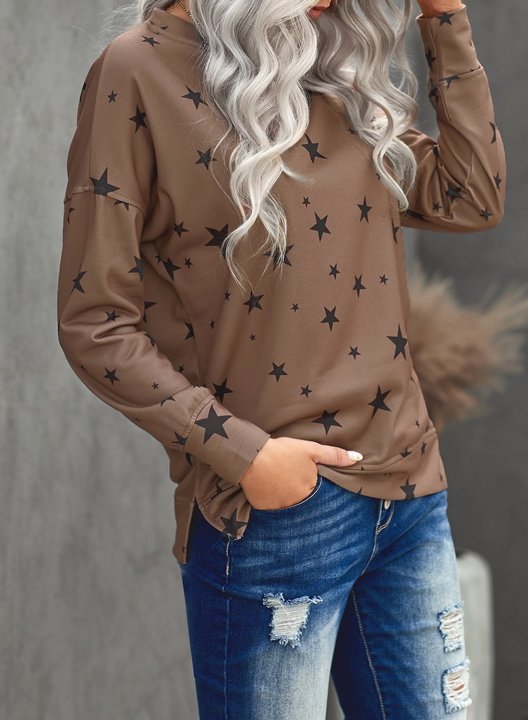 Women Star Print Long Sleeve Round Neck Tunics