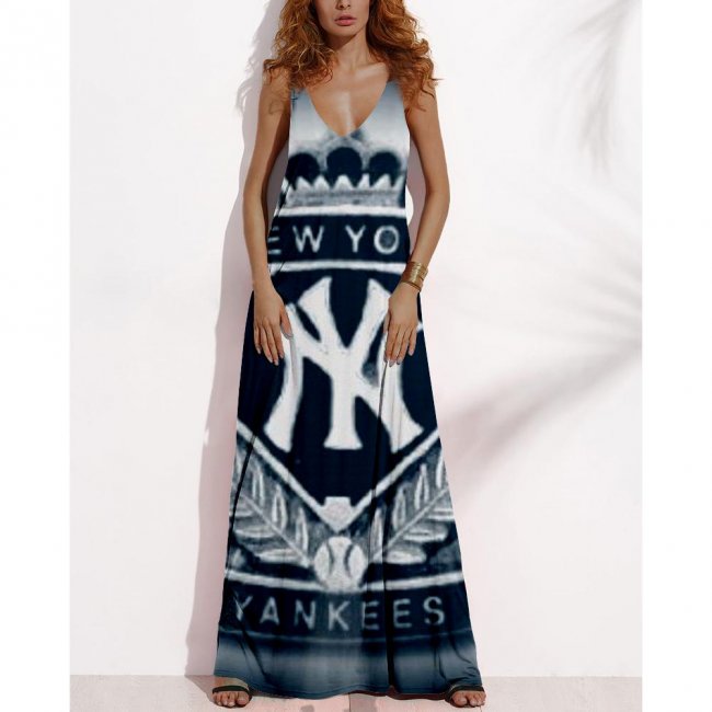 Women's Summer NEW YORK YANKEES Fan Print V-Neck Sleeveless Loose Long A-line Dress