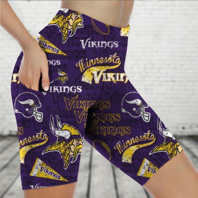 MINNESOTA VIKINGS Sports Stretch Fitness Running Side Pocket Shorts Tight-Fitting High-Waist Yoga Pants