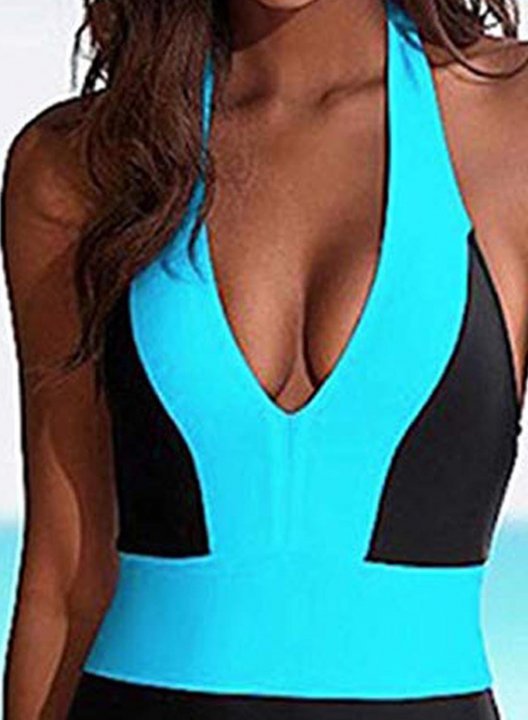 Women's One-Piece Swimsuits One-Piece Bathing Suits Color Block Halter Casual One-Piece Swimsuit