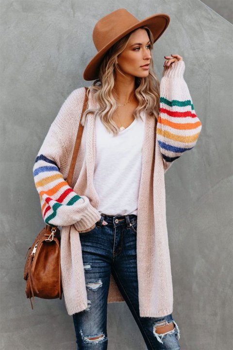 Women's Cardigans Striped Balloon Sleeve Cardigan