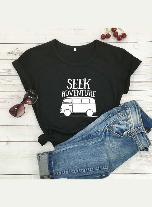 Women's Seek Adventure T-shirts Letter Bus Short Sleeve Round Neck Casual T-shirt