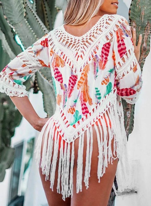 Women's Mini Dresses Color Block Tribal 3/4 Sleeve V Neck Tassels Vacation Beach Mini Dress