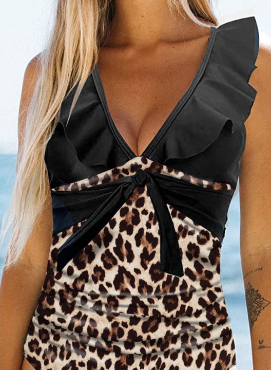 Women's One-Piece Swimsuits One-Piece Bathing Suits Leopard Ruffle V Neck Swimsuits