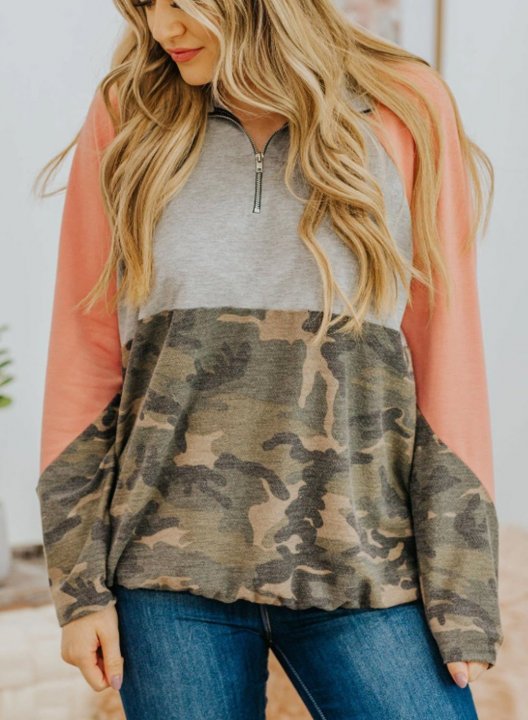 Camouflage Stand Neck Long Sleeve Color Block Sweatshirt