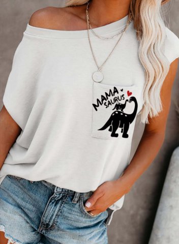 Women's Mama Saurus T-shirts Letter Print Sleeveless Round Neck Off-shoulder White T-shirt
