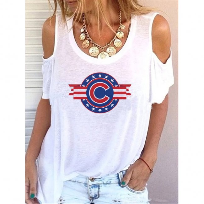 Round Neck Chicago Cubs Print Off-shoulder Short-sleeved Loose T-shirt