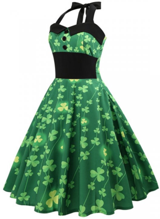 Women's Midi Dresses Shamrocks Print Sleeveless Halter Vintage Button Dress