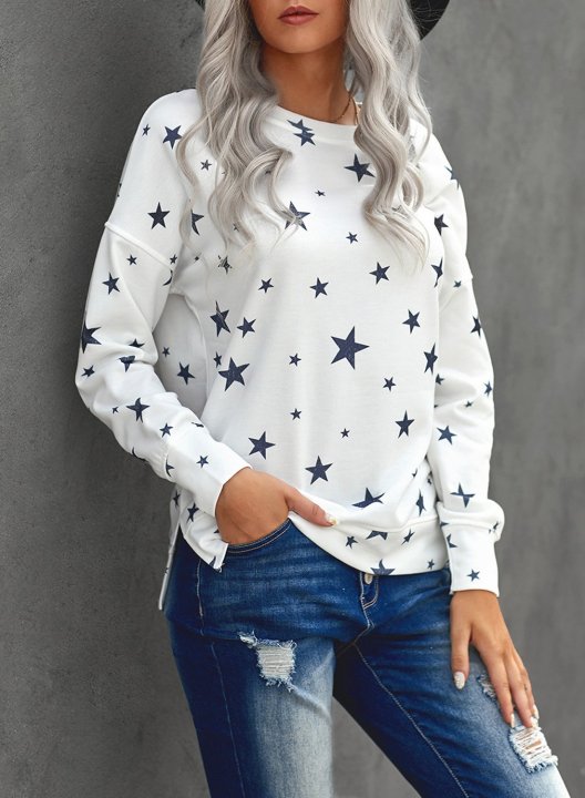 Women Star Print Long Sleeve Round Neck Tunics