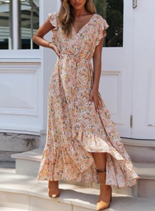 Women's Maxi Dresses Floral Short Sleeve A-line V Neck Button Belt Boho Beach Maxi Dress